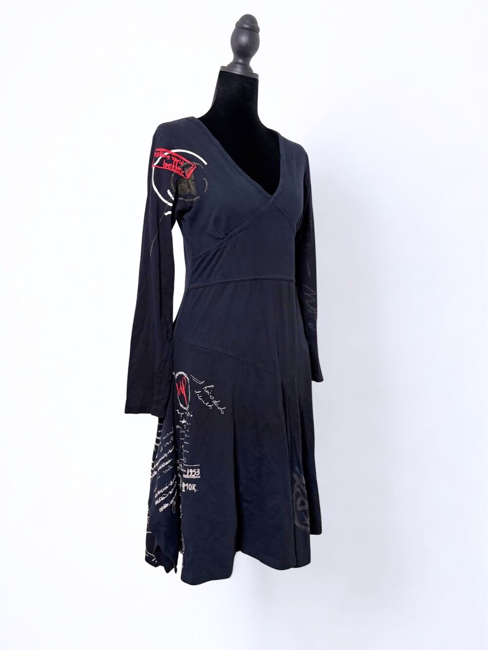 Desigual Black Long Sleeve Fit and Flare Dress Red White Abstract Graphic Print